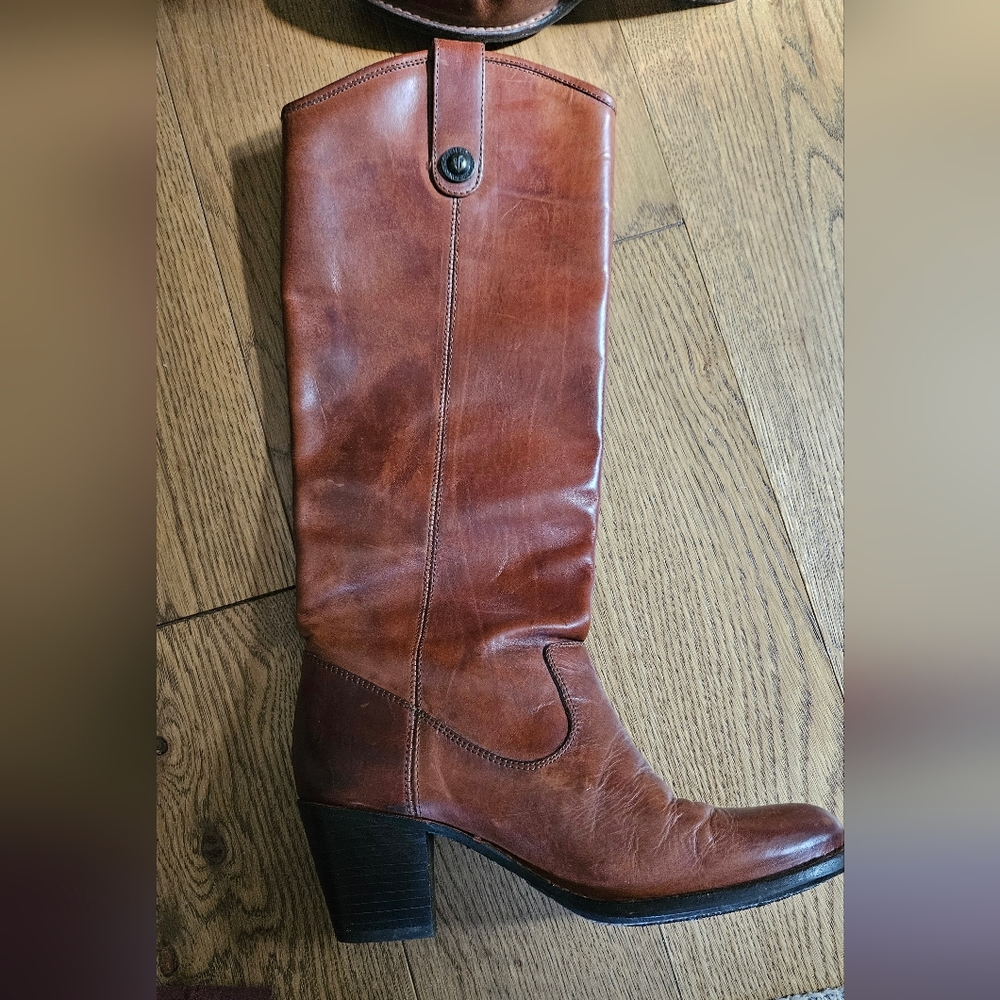 Frye Jackie Button Tall Boots 7.5 Cognac Brown Leather Western Riding - Picture 8 of 14